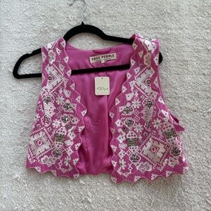 Free People Bright Pink Scalloped Embroidered Crop Top